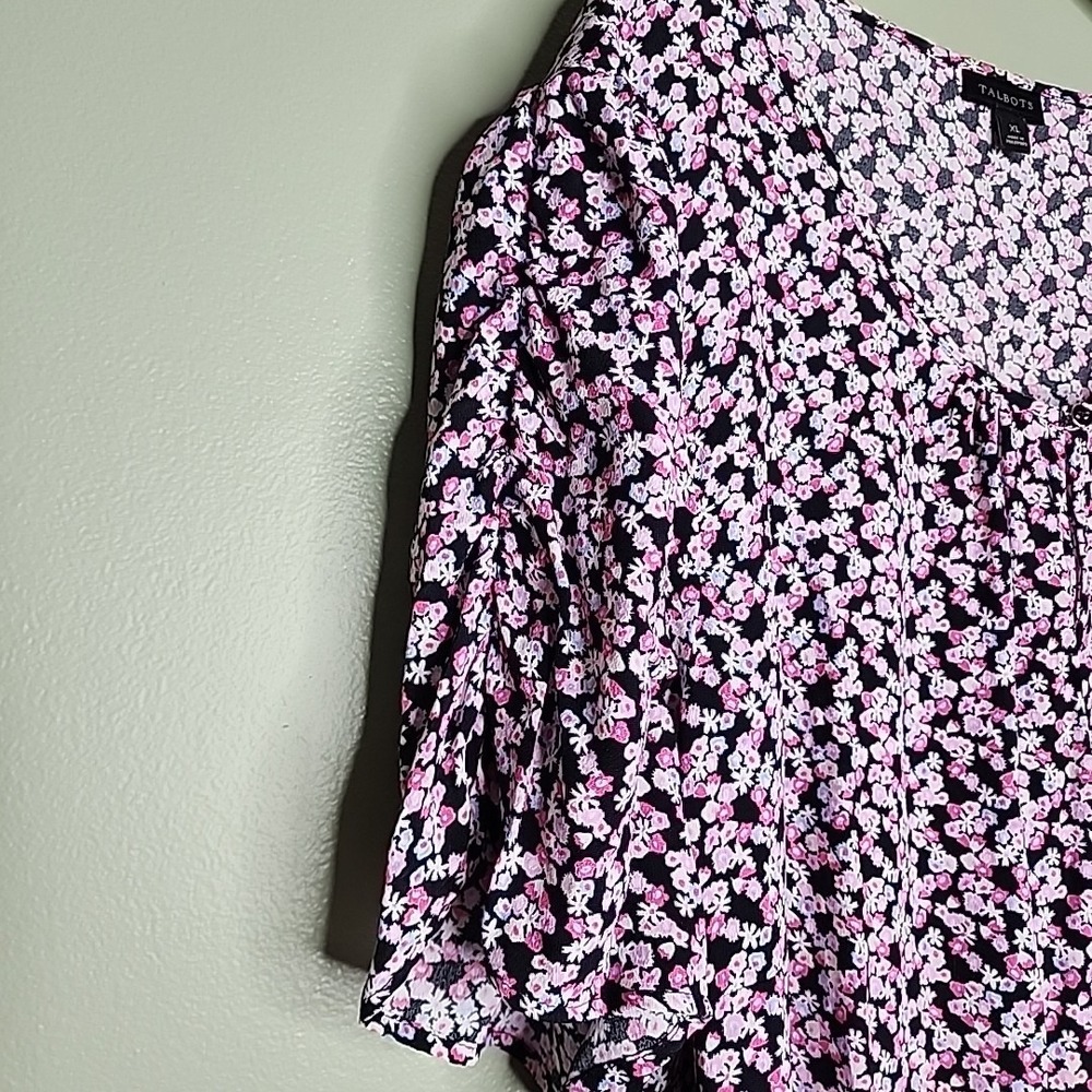Talbots Top XL Floral Short Sleeve Blouse Keyhole Boho Crew Neck Pink Black - Picture 5 of 13